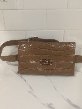 Croc-Effect Patent Leather Belt Bag in Beige